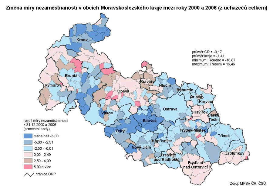 Kartogram 15 Změna míry nezaměstnanosti v obcích Moravskoslezského kraje mezi roky 2000 a 2006 (z uchazečů celkem)